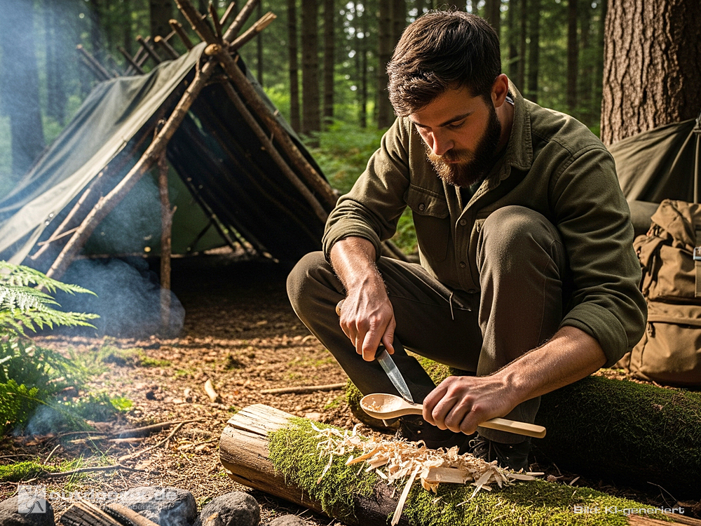 Das Bild zeigt einen jungen Mann beim Bushcrafting in einem dichten Wald. Er sitzt vor einem einfachen Unterschlupf aus Ästen und einer grünen Plane und schnitzt mit einem Messer konzentriert an einem Holzlöffel. Vor ihm liegen Holzspäne auf einem moosbedeckten Baumstamm. Im Vordergrund steigt Rauch von einem Lagerfeuer auf, und im Hintergrund sind ein Rucksack und weitere Ausrüstung zu erkennen. Die Szene wirkt ruhig, naturverbunden und handwerklich geprägt.
