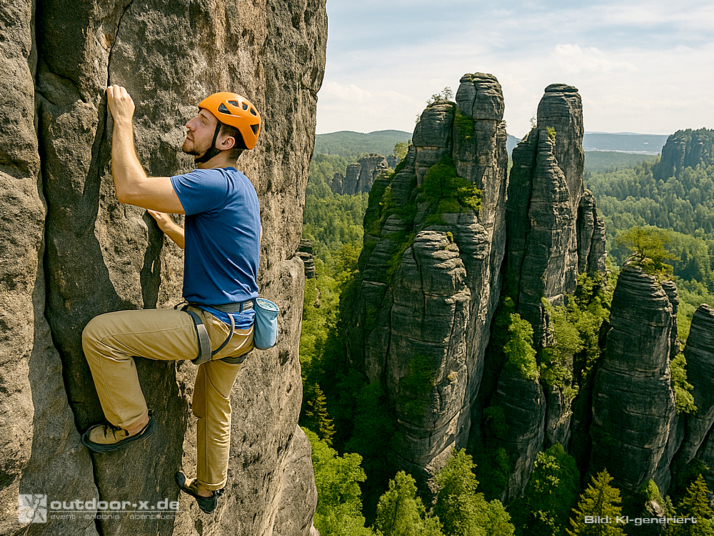 Das Bild zeigt einen männlichen Kletterer mit Helm und Gurt, der an einer senkrechten Sandsteinwand in der Sächsischen Schweiz hochsteigt; im Hintergrund ragen weitere markante Felstürme und dichter Wald auf.
