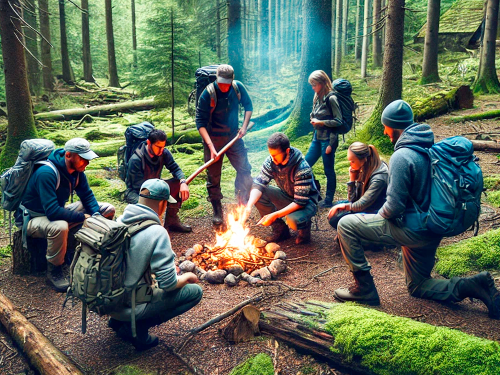 Das Bild zeigt eine Gruppe von Wanderern, die in einem Wald Survival-Techniken üben. Sie lernen, wie man ein Feuer mit natürlichen Materialien wie Holz und trockenen Blättern entfacht. Die Szene spielt sich in einem dichten Wald mit hohen Bäumen und moosbedeckten Felsen ab. Die Wanderer tragen Outdoor-Kleidung und Rucksäcke, während sie einfache Werkzeuge wie Messer und Feuersteine verwenden. Sonnenstrahlen dringen sanft durch das Blätterdach und erleuchten das grüne Laub.