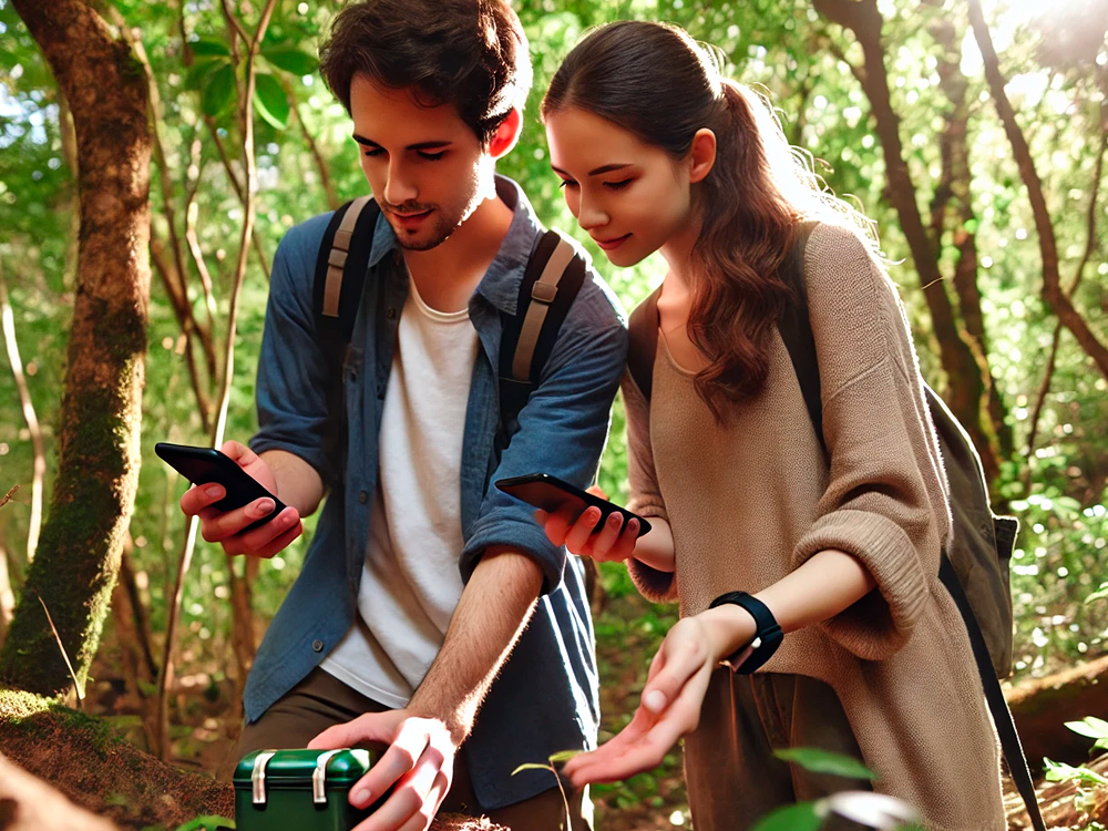 Das Bild zeigt zwei Personen, die gemeinsam in einem Wald nach einem Geocache suchen. Beide halten ein Smartphone in den Händen und wirken konzentriert. Der Mann links überprüft die Karte auf seinem Handy, während die Frau rechts daneben auf den möglichen Fundort deutet. Vor ihnen steht eine kleine, grüne Metallbox, die den Geocache darstellt. Sie sind in lässiger Outdoor-Kleidung gekleidet und tragen Rucksäcke, als wären sie auf einer Wanderung. Im Hintergrund sind dichte Bäume und grünes Laub zu sehen, während Sonnenlicht durch die Äste bricht und eine freundliche Atmosphäre erzeugt.