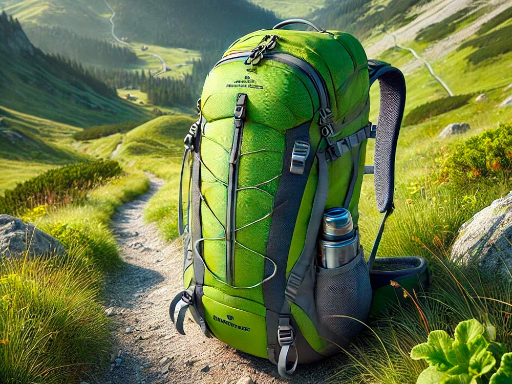 Das Bild zeigt einen leuchtend grünen Wanderrucksack, der auf einem schmalen Pfad in einer malerischen Berglandschaft steht. Der Rucksack hat mehrere Gurte und Befestigungen, mit einer Metallflasche in einer Seitentasche. Der Pfad schlängelt sich durch grüne Wiesen und sanfte Hügel in Richtung der Berge im Hintergrund. Das Wetter scheint klar und sonnig zu sein, was die Szene besonders einladend macht.