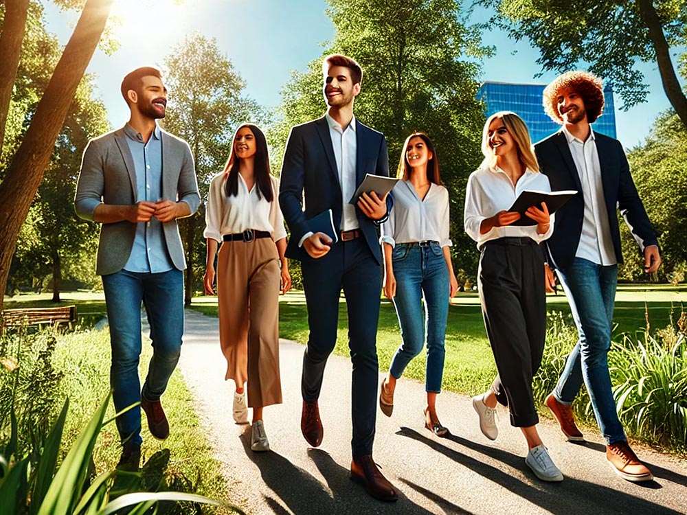 Das Bild zeigt eine Gruppe von Geschäftsleuten, die auf einem sonnigen Parkweg ein Walking-Meeting abhalten. Sie tragen lässige Businesskleidung und halten Notizbücher oder Tablets in den Händen, während sie lächelnd und in Gespräche vertieft sind. Die Umgebung besteht aus üppigem Grün, hohen Bäumen und einem strahlend blauen Himmel, was eine produktive und zugleich entspannte Atmosphäre vermittelt.