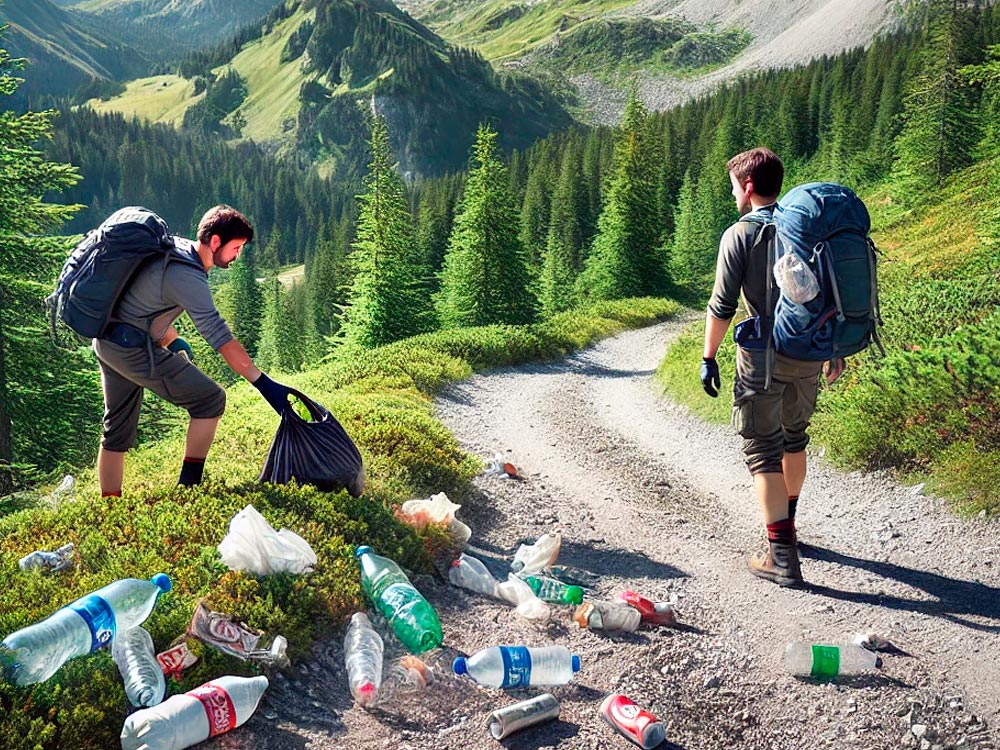 Das Bild zeigt zwei Wanderer auf einem Bergpfad in den oberbayerischen Alpen. Sie tragen Outdoor-Kleidung und Rucksäcke, während sie Müll wie Plastikflaschen und Verpackungen am Wegrand zurücklassen. Die Landschaft im Hintergrund besteht aus majestätischen Bergen, grünen Wiesen und einem klaren, blauen Himmel, was einen deutlichen Kontrast zwischen der natürlichen Schönheit und dem sorglosen Verhalten der Menschen darstellt.