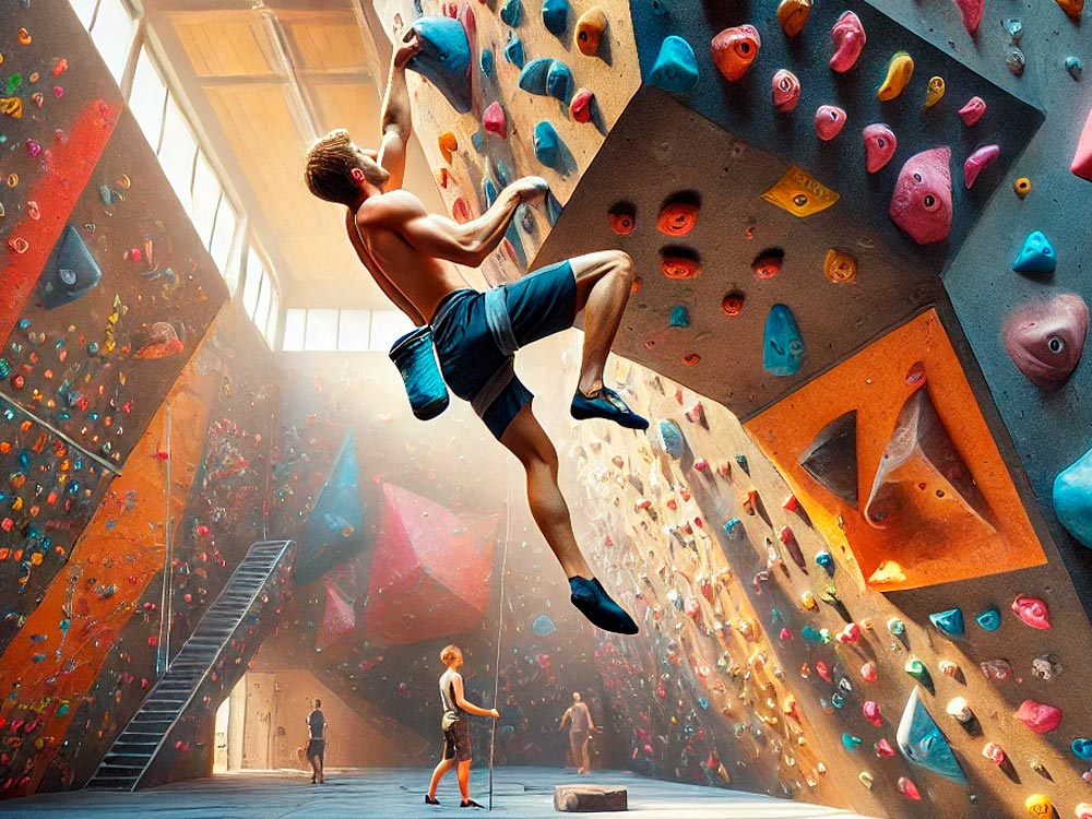 Ein sportlicher Mann klettert an einer farbenfrohen Indoor-Boulderwand ohne Seil oder Gurt. Er trägt blaue Shorts, Kletterschuhe und ein Chalkbag, das an seiner Hüfte befestigt ist. Die Wand ist mit Griffen in kräftigen Farben wie Rot, Blau und Gelb gespickt. Im Hintergrund sieht man eine moderne Boulderhalle mit weiteren Kletterern, die entweder klettern, zuschauen oder sich vorbereiten. Sonnenlicht fällt durch große Fenster und beleuchtet die Szene, wodurch eine dynamische und energetische Atmosphäre entsteht.