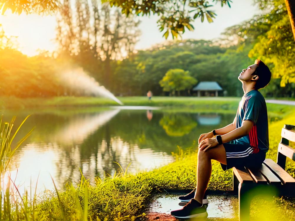 Das Bild, das diese Gedanken visuell untermalt, zeigt einen Menschen, der in der Natur auf einer Bank sitzt und tief durchatmet. Umgeben von einer friedlichen Landschaft mit einem ruhigen See und sanftem Sonnenlicht symbolisiert es den Augenblick der vollkommenen Ruhe und Entspannung. Diese Szene verkörpert die Essenz dessen, worum es geht: Einfach mal innehalten, tief durchatmen und den Moment genießen – eine Erinnerung daran, wie wichtig es ist, sich Zeit für Regeneration zu nehmen, um langfristig gesund und leistungsfähig zu bleiben.