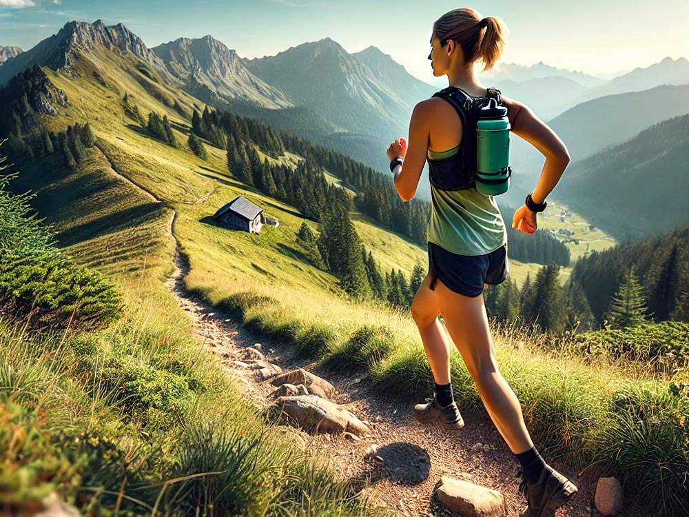 Das Bild zeigt eine Trailrunnerin, die auf einem schmalen Pfad durch eine grüne Berglandschaft in den bayerischen Alpen läuft. Sie trägt sportliche Kleidung und einen Trinkrucksack. Umgeben ist sie von sanften Hügeln, Wäldern und hohen, aber weichen Bergen. Die Sonne scheint hell und wirft warmes Licht auf die Natur. Eine kleine Holzhütte ist in der Ferne sichtbar. Der Fokus des Bildes liegt auf der Läuferin und der malerischen, natürlichen Umgebung.